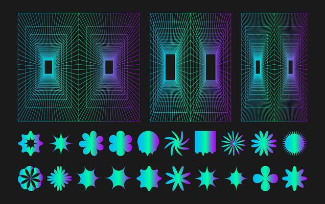 Cyber grid, punk perspective rectangular tunnels and y2k psychedelic elements set. Grid geometry tunnel, elements on black background. Trendy futuristic vector illustration.