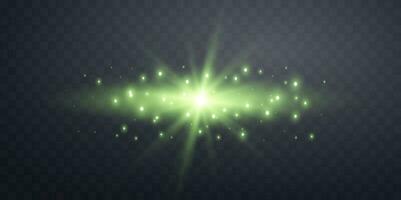 Green horizontal lensflare. Light flash with rays or green spotlight. Glow flare light effect. Vector illustration.