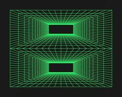 Cyberpunk perspective grid. Cyber geometry y2k element. Isolated style on black background. Vector trendy illustration.
