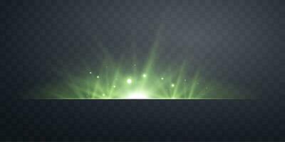 Green horizontal lensflare. Light flash with rays or green spotlight. Glow flare light effect. Vector illustration.