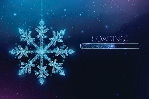 Wireframe Christmas snowflake and loading bar, low poly style. Merry Christmas and New Year banner. Abstract modern 3d vector illustration on blue background.