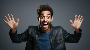 retrato de alegre alegre hombre acuerdo manos arriba celebrando logro aislado en gris antecedentes. generativo ai. foto