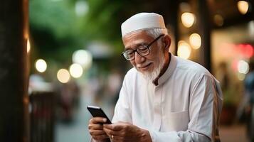 Muslim senior man using mobile phone. Generative AI. photo