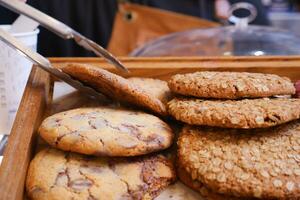 Display of chocolate chip cookies on platter photo