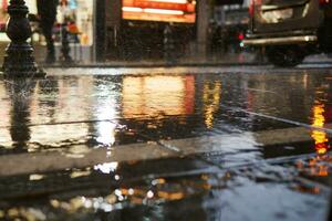 water drops on the rainy day. night view in the city, selective focus photo