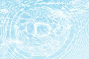 Defocus blurred transparent blue colored clear calm water surface texture with splashes reflection. Trendy abstract nature background. Water waves in sunlight with copy space. Blue watercolor shine. photo