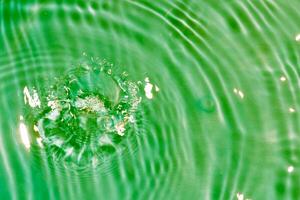 Defocus blurred transparent blue colored clear calm water surface texture with splashes reflection. Trendy abstract nature background. Water waves in sunlight with copy space. Blue watercolor shine. photo