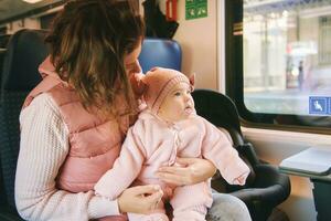 Young happy mother traveling with little baby by train photo