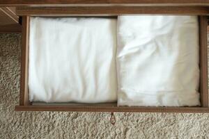 top view of white cloths in a open drawer wooden photo