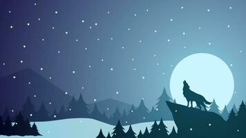 Wildlife in winter landscape vector illustration. Silhouette of wolf howling at pine forest in cold season. Winter wildlife panorama for background, wallpaper or scenery