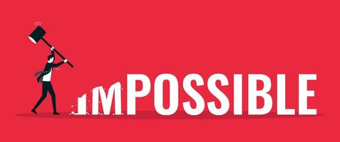 Business man smashed with a hammer to destroy impossible to possible, mindset concept, efficiency at work, successful management vector