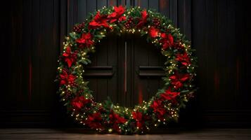 Vibrant red and green Christmas wreath with twinkling lights, signaling the arrival of joyous celebrations photo