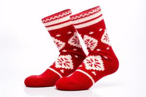 A cozy duo of woolen socks adorned with whimsical white knitted hearts perfect for wintry days photo