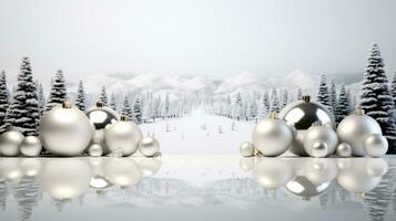 A festive, wintry backdrop featuring a white podium and snow globes against a pristine backdrop. photo