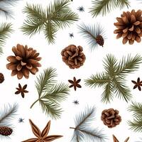 Christmas background featuring pine branches, cones, and star anise isolates symbols for a New Year pattern. photo