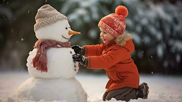 Children play outdoors in snow. Outdoor fun for family Christmas vacation. Playing outdoors. Happy child having fun with snowman. photo