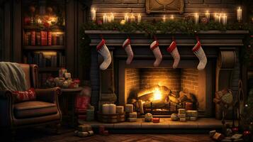 Cozy fireplace adorned with stockings and garlands, creating a warm and inviting atmosphere photo