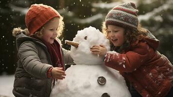 Children play outdoors in snow. Outdoor fun for family Christmas vacation. Playing outdoors. Happy child having fun with snowman. photo