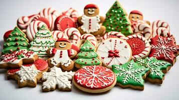 Mouthwatering assortment of deliciously decorated Christmas gingerbread ginger cookies. Different colors. Xmas presents advertising. photo