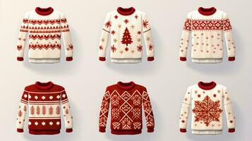 Festive knitwear displayed on a snowy backdrop, perfect for advertising. photo