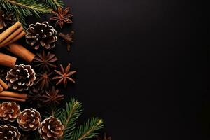 A festive pattern depicting pine branches, cones and star anise is isolated for New Year celebrations. photo