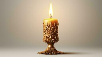 A vintage candle burning in a golden holder, isolated on a white backdrop. photo