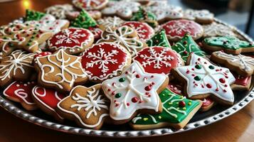 Mouthwatering assortment of deliciously decorated Christmas gingerbread ginger cookies. Different colors. Xmas presents advertising. photo