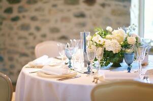 Aesthetic decoration of wedding venue, white and blue colors photo