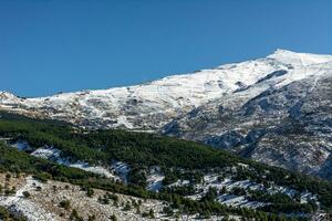 panoramic view of ski resort in sierra nevada, skiers along the slopes photo