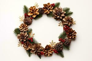 Festive holiday wreath atop snowy backdrop, shot from above with empty area available. photo