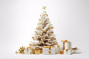 A white backdrop exhibits a festive tree and presents. photo