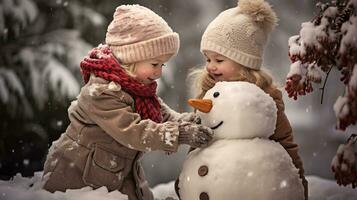 Children play outdoors in snow. Outdoor fun for family Christmas vacation. Playing outdoors. Happy child having fun with snowman. photo