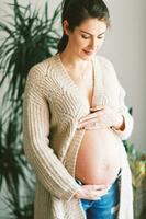 interior retrato de contento joven embarazada mujer vistiendo calentar de punto chaqueta foto