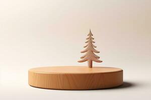 un realista 3d minimalista Navidad modelo presentando un madera pararse, podio y árbol decoración con blanco antecedentes. foto