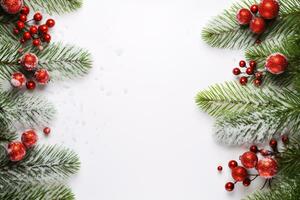 A festive postcard featuring a flat-laid composition of fir branches and red and green adornments on a white backdrop - ideal for Christmas and New Year festivities. photo