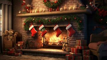 Cozy fireplace adorned with stockings and garlands, creating a warm and inviting atmosphere photo