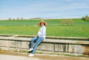 al aire libre retrato de contento joven embarazada mujer disfrutando bonito día en campo, sentado en riego fuente, verde pasto con vacas en antecedentes foto