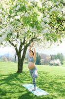 Outdoor portrait of happy young pregnant woman practicing youga in spring garden under blooming apple trees, healthy lifestyle photo