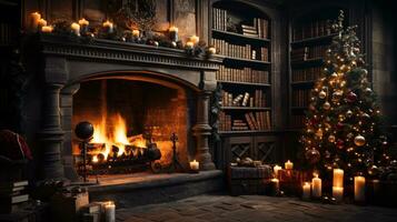 AI generated Festive and Cozy Christmas A beautifully decorated living room with a roaring fireplace, adorned with twinkling lights and stockings hung by the chimney photo