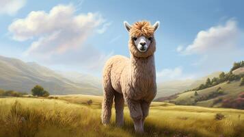 AI generated Alpaca stands in a field with mountains in the background photo