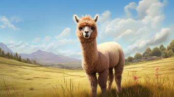 ai generado alpaca soportes en un campo con montañas en el antecedentes foto