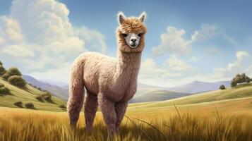 AI generated Alpaca stands in a field with mountains in the background photo