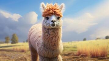 AI generated Alpaca stands in a field with mountains in the background photo