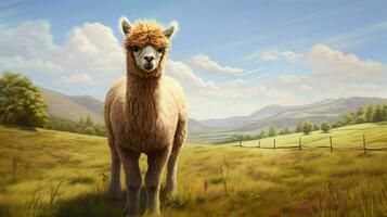 AI generated Alpaca stands in a field with mountains in the background photo