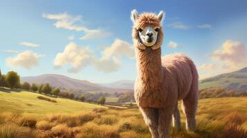 AI generated Alpaca stands in a field with mountains in the background photo