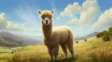 AI generated Alpaca stands in a field with mountains in the background photo