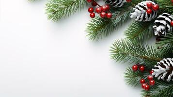 A festive postcard on a white background featuring fir tree branches, red  green decorations Christmas New Year photo