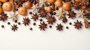 Festive pine branches, cones, and star anise symbols of New Year adorn an isolated background. photo