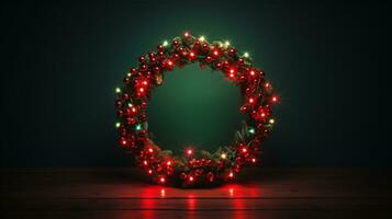 Vibrant red and green Christmas wreath with twinkling lights, signaling the arrival of joyous celebrations photo