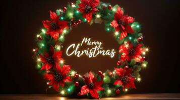 Vibrant red and green Christmas wreath with twinkling lights, signaling the arrival of joyous celebrations photo